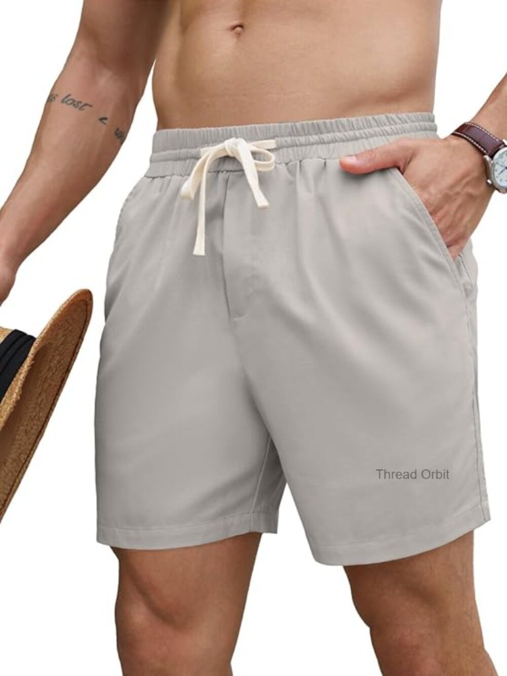 Mens 5 Inch Linen Shorts - Casual Elastic Waist Drawstring Beach Shorts with